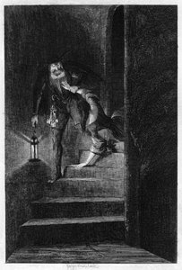 Lawrence Nightgall dragging Cicely down the secret stairs in the Salt Tower, 1840