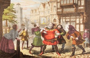 Mrs Quickly has Sir John Falstaff arrested in Henry IV, Part 2 by George Cruikshank