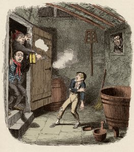 Oliver surprised and wounded during the attempted burglary - The Burglary - Illustration for "Oliver Twist"