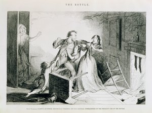 The Bottle, Plate VI, Fearful quarrels and brutal violence are the natural consequences of frequent use of the bottle, 1847 by George Cruikshank