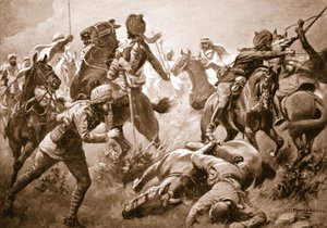 Risaldar Santa Singh, Dafadar Bisham Singh and Sowar Buda Singh breaking through the ranks of the Arabs to the assistance of Captain Willoughby by George Derville Rowlandson