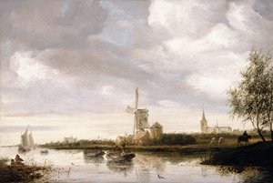 A River Landscape with Barges and Sailboats and a Church beyond by George Henry Clements