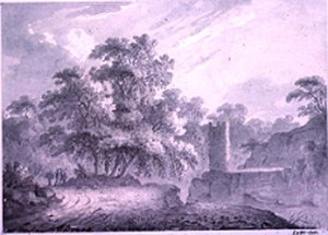 A Country Road with Travellers beside a Tower, built on a Rocky Cliff, At Marino, near Lake Albano by George Howland Beaumont
