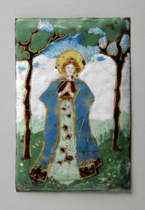 Enamel plaque of standing lady praying by George James Frampton