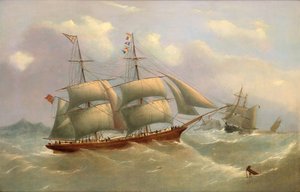 The Ellen Ashcroft of Whitehaven Under Reduced Sail, in Two Positions Off a Rocky Headland, c.1868 by George Nelson