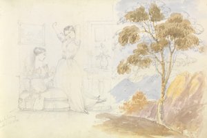 Sketch of two young women, one sitting and reading the other stretching and yawning (drawn by Lord Bury) with a drawing of a tree alongside