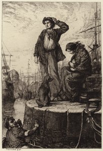 A young emigrant family waiting at the docks