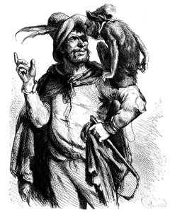 Illustration by George Roux for the Don Quixote of Cervantes: Master Peter and his monkey