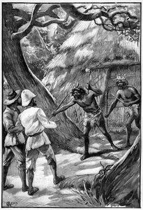 Illustration by George Roux for the Book by Jules Verne The Aerien Village, Hetzel Edition/Extraordinary Voyages, Known and Unknown Worlds. Two Wagdiss Sentinels Threaten Explorers with Their Branched Weapons by George Roux