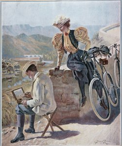 Watercolour and Cycling - Lithography by Georges Roux, circa 1900