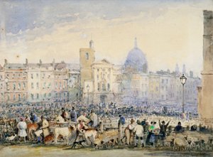 View of Smithfield Market with Figures and Animals, City of London by George Sidney Shepherd