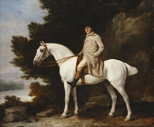 A Gentleman on a Grey Horse in a Rocky Wooded Landscape