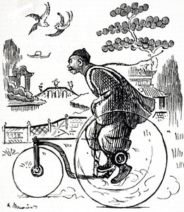 A cartoon depicting a Chinese man riding a tricycle through a park in China