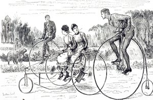 A group of young people riding tricycles