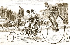 A cartoon depicting a group of young people riding tricycles