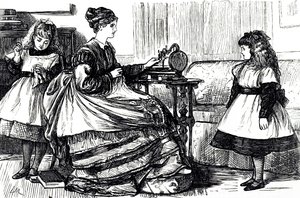 A Cartoon Depicting a Young Mother Using a Sewing Machine. Illustrated by George du Maurier