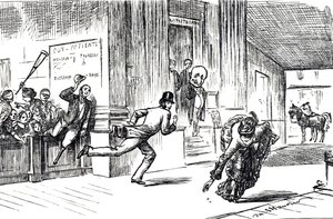 Cartoon depicting Doctor Meilanion Jones, outstripped in the race for patients by Doctress Atlanta Robinson