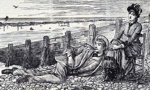 A couple enjoying their honeymoon on a pebbled beach by George du Maurier