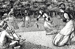 Cartoon depicting a game of lawn tennis by George du Maurier