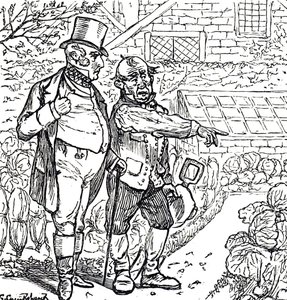 Cartoon depicting a gentleman with a gardener in the vegetable plot by George du Maurier