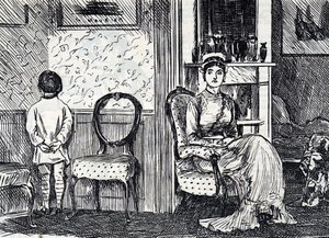 Cartoon depicting a mother punishing her son by making him stand facing the wall