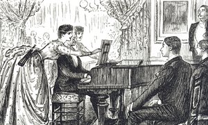 Cartoon depicting a musical evening at home by George du Maurier