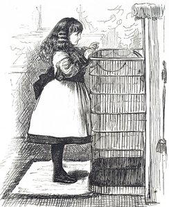 Cartoon depicting a young girl standing in front of a large fireguard by George du Maurier