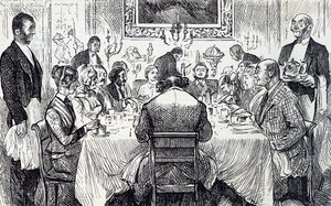 Cartoon depicting an elegant soirée in a Victorian home by George du Maurier