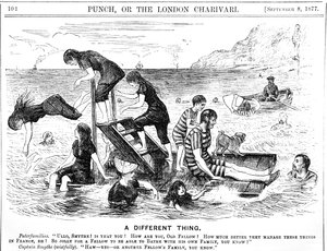 Cartoon depicting holidaymakers enjoying a seaside holiday in France