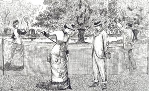 Engraving depicting a female tennis player in discomfort because of her new rubber shoes