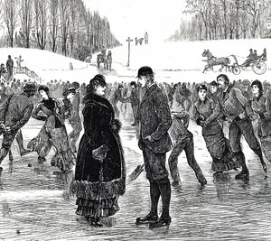 Engraving depicting a middle-aged couple ice skating