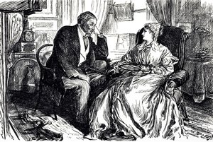 Cartoon Illustrating a Man and Woman in Conversation About the Calming Benefits of Cod Liver Oil. England 1869 by George du Maurier