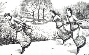 Illustration depicting girls setting the trail for the hare and hounds by George du Maurier