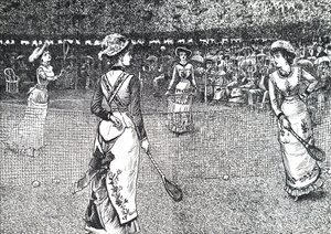 Ladies playing lawn tennis by George du Maurier
