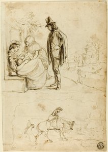 Two Sketches: Two Women and Baby with Man Looking On by George du Maurier