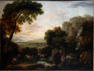 Italianate Landscape with a Capriccio View of Tivoli, a Shepherd and Shepherdess and Cattle
