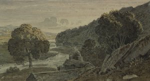 Evening, landscape, with cottage and river