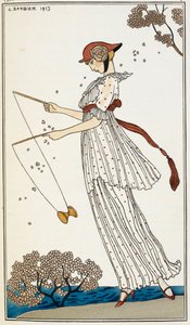 A Woman Wearing a Printed White Linen Dress, Playing with a Toy by Georges Barbier