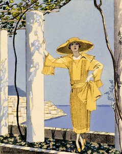 Amalfi, illustration of a woman in a yellow dress by Worth by Georges Barbier