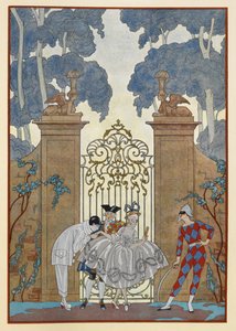 Colombine. People standing outside a gate. A Pierrot. by Georges Barbier