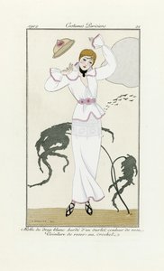 Design for White Dress with Pink Trim and Crochet Belt, from Costumes Parisien, pub.1912 by Georges Barbier