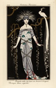 Grand Evening Dress in Silver Brocade, Blue Wig and Feathers