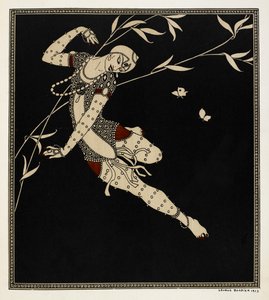 The Firebird is a 1910 ballet created by the composer Igor Stravinsky and choreographer Michel Fokine. The ballet is based on Russian folk tales. A heavily jeweled dancer is shown by Georges Barbier