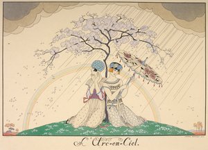 The Rainbow. Two Women Sheltering from the Rain Under a Tree, a Rainbow in the Background by Georges Barbier