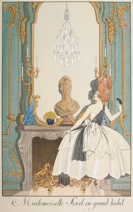 Mademoiselle Sorel in grand habit. A woman standing in front of a fireplace. by Georges Barbier