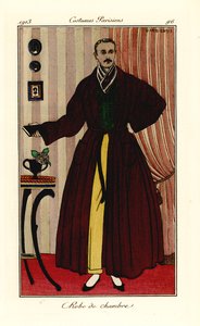 Man in dressing gown over yellow trousers and green waistcoat by Georges Barbier