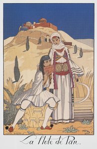Pan flute player depicting traditional Greek costumes