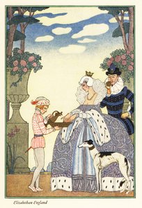 Queen Elizabeth washes her hands in a bowl held by her page boy. 1928 by Georges Barbier