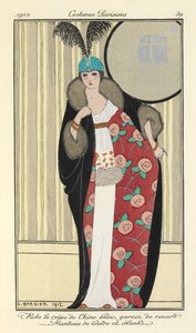"White Crêpe de Chine Dress Trimmed with Fox. Otter and Skunk Coat" by Georges Barbier