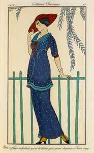 Beach Dress with Raw Silk Scarf and Red Hat by Georges Barbier